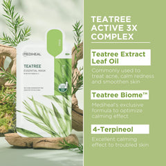Mediheal Tea Tree essential blemish mask skin application shows full-face fit for quick, daily care.