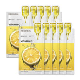 Mediheal Vitamin C Essential Mask packaging highlights vegan formula for radiant skin.