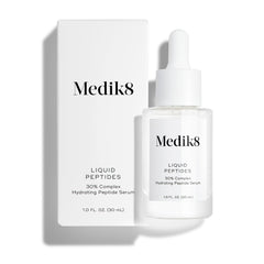 Medik8 Liquid Peptides serum bottle closeup highlighting hydration and anti-aging benefits.