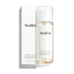 Medik8 Press and Glow toner bottle shown, gentle exfoliation for smoother skin