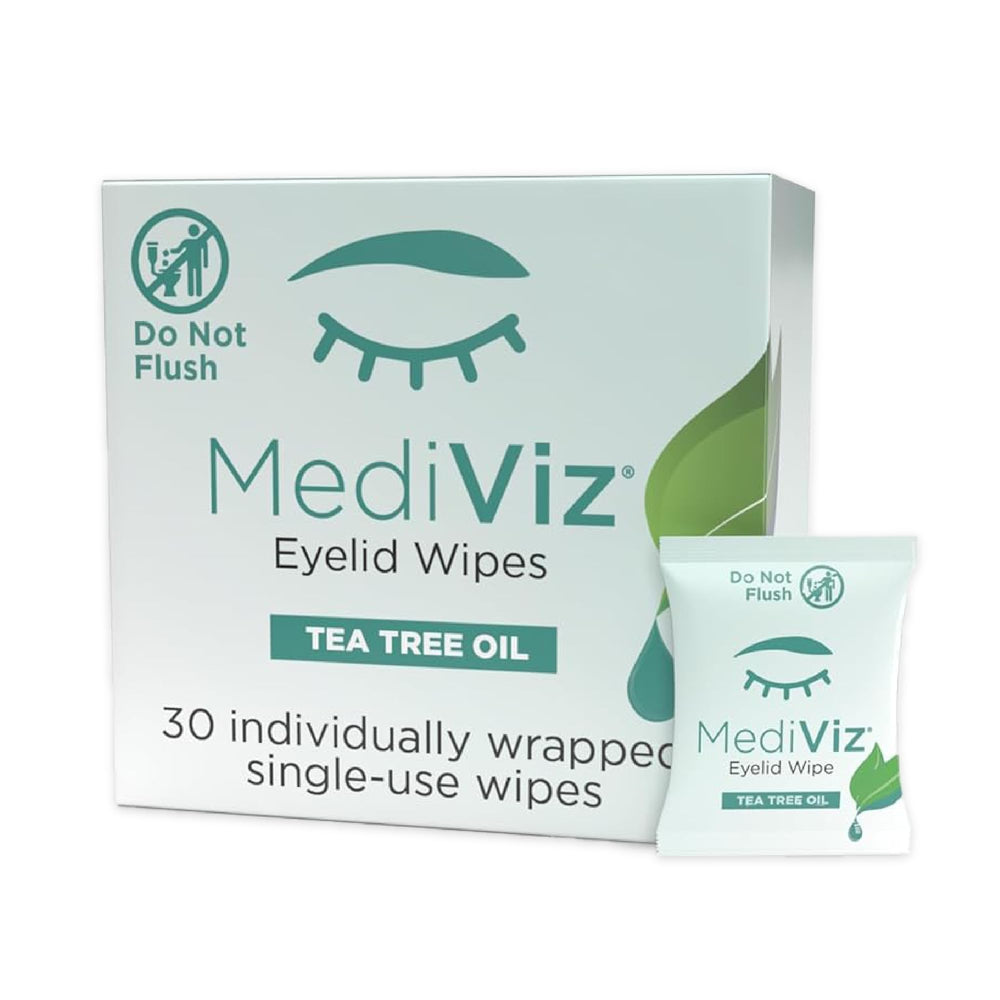 MEDIVIZ Tea Tree Eyelid Cleanser Wipes pack for convenient single-use eyelid cleansing.