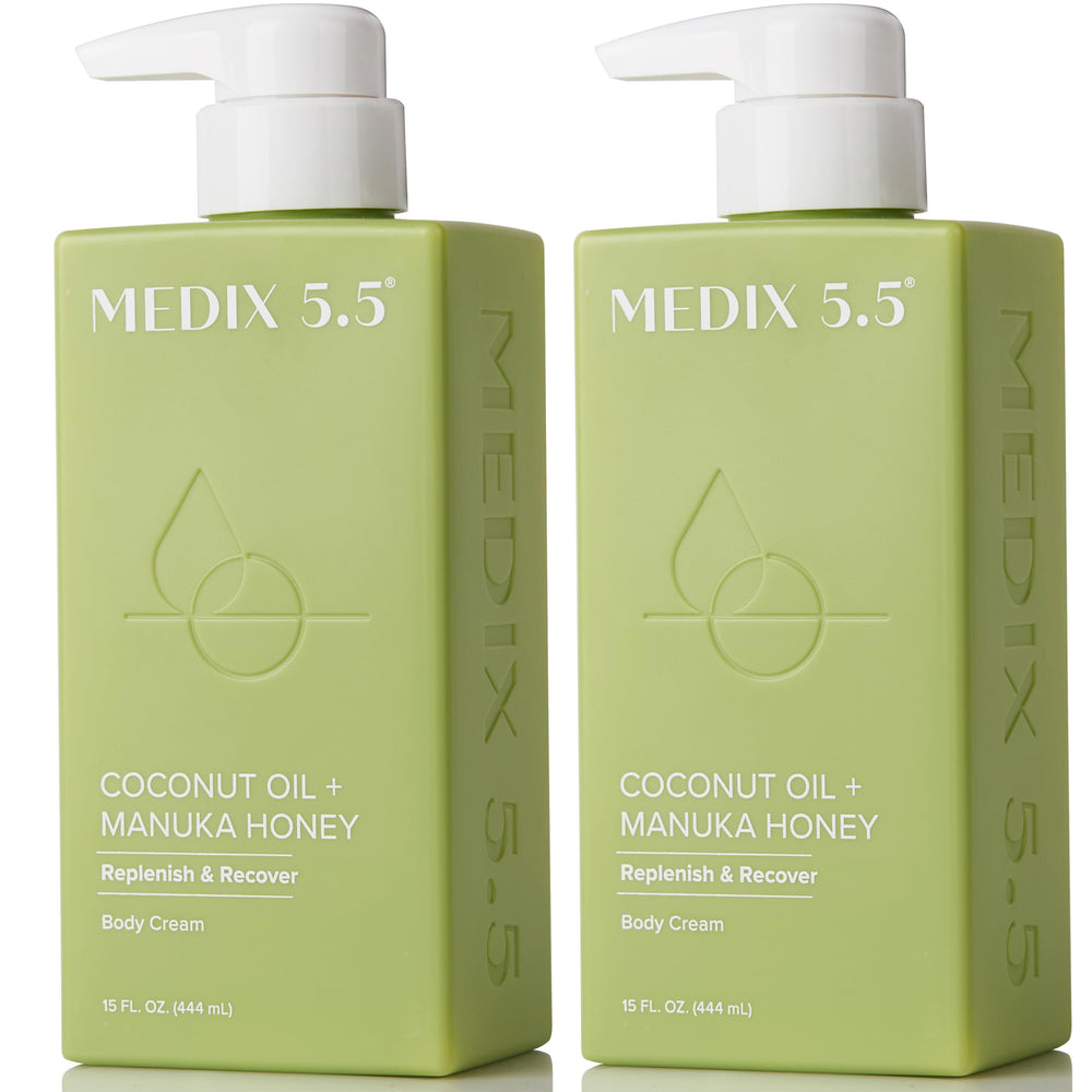Medix 5.5 coconut oil lotion bottle delivering intense hydration for dry skin.