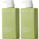 Medix 5.5 coconut oil lotion bottle delivering intense hydration for dry skin.