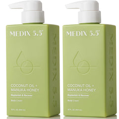 Medix 5.5 coconut oil lotion bottle delivering intense hydration for dry skin.