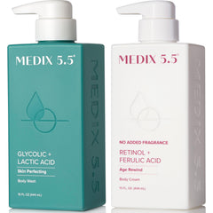 Medix 5.5 glycolic body wash pump showing rich exfoliating foam for smooth skin