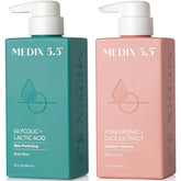 Medix 5.5 exfoliating wash bottle close-up showing glycolic-lactic foam for smoother skin