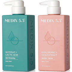 Medix 5.5 exfoliating wash bottle close-up showing glycolic-lactic foam for smoother skin