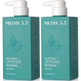 Medix 5.5 Glycolic Body Wash bottle shows gentle exfoliation for smoother skin