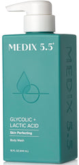 Medix 5.5 glycolic-lactic exfoliating body wash bottle promotes smoother skin