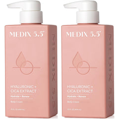 Medix 5.5 Hyaluronic Acid Cream Body Lotion bottle closeup shows rich hydration for everyday use.