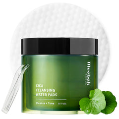 Meebak Cica Cleansing Water Pads packaging highlights travel-friendly 80-count design for on-the-go cleansing