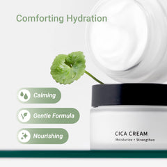 Meebak Cica Cream jar close-up emphasizing barrier-supporting formula
