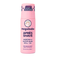 Megababe Après Shave bottle close-up with roll-on for easy, mess-free application