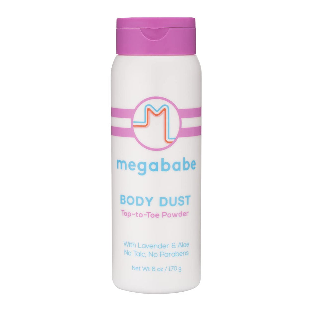 Megababe Body Dust bottle pour shows talc-free absorption for dry skin and comfort