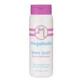 Megababe Body Dust bottle pour shows talc-free absorption for dry skin and comfort