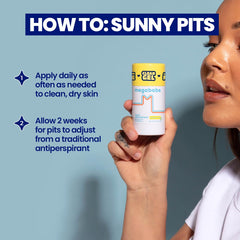 Compact Megababe Sunny Pits packaging highlighting aluminum-free formula and lemon scent