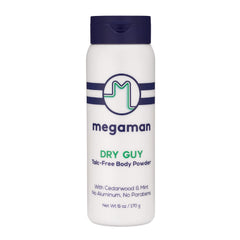 Megababe Dry Guy powder bottle front offers talc-free all-day comfort.