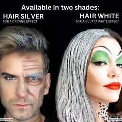 Uso teatral de Mehron Hair White para cambios temporales de cabello.