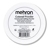 Mehron Colorset Powder jar on table, professional setting powder for oil control
