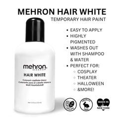 Frasco Mehron Hair White para retoques rápidos en escenarios.