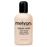 Mehron Liquid Latex bottle closeup shows versatile prosthetic adhesion for FX makeup.