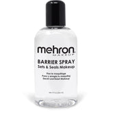 Mehron Makeup Barrier Spray bottle closeup demonstrates long-lasting, transfer-proof makeup protection.