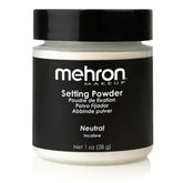 Mehron setting powder 1oz container sifter reduces shine for long-lasting makeup.