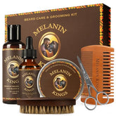 Melanin Kings beard grooming kit box display—premium packaging ideal for gifts and first impressions.