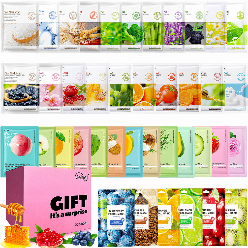 Meleell 40-pack face masks with assorted fruit-and-vegetable formulas for hydration.