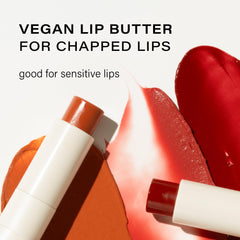 Melixir vegan lip butter tube closeup shows silky hydration on lips.