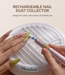 MelodySusie cordless nail dust collector on table captures dust for a cleaner workstation.