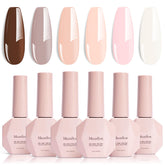 MelodySusie nude-brown gel nail polish set bottles closeup with vibrant long-lasting color.