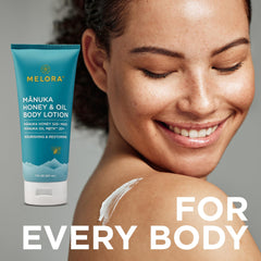 MELORA Manuka Honey Body Lotion texture closeup emphasizes creamy, soothing hydration