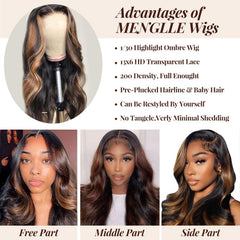 MENGLLE 28in 13x6 ombre lace-front wig closeup lace for realistic scalp look