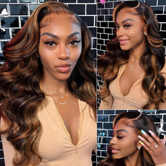 MENGLLE 28in 13x6 ombre lace-front wig side view shows long, flowing body wave with color