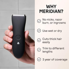 Meridian Trimmer Original wet-use scene shows shower-safe trimming convenience
