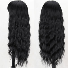 MERISIHAIR long black wig bangs 26in curls-detail highlights soft, heat-resistant fibers for versatile styling.