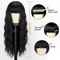 MERISIHAIR long black wig bangs 26in side view reveals volume and graceful movement.