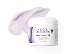 Merlot Moisturizer red grape seeds highlight antioxidant-rich formula.