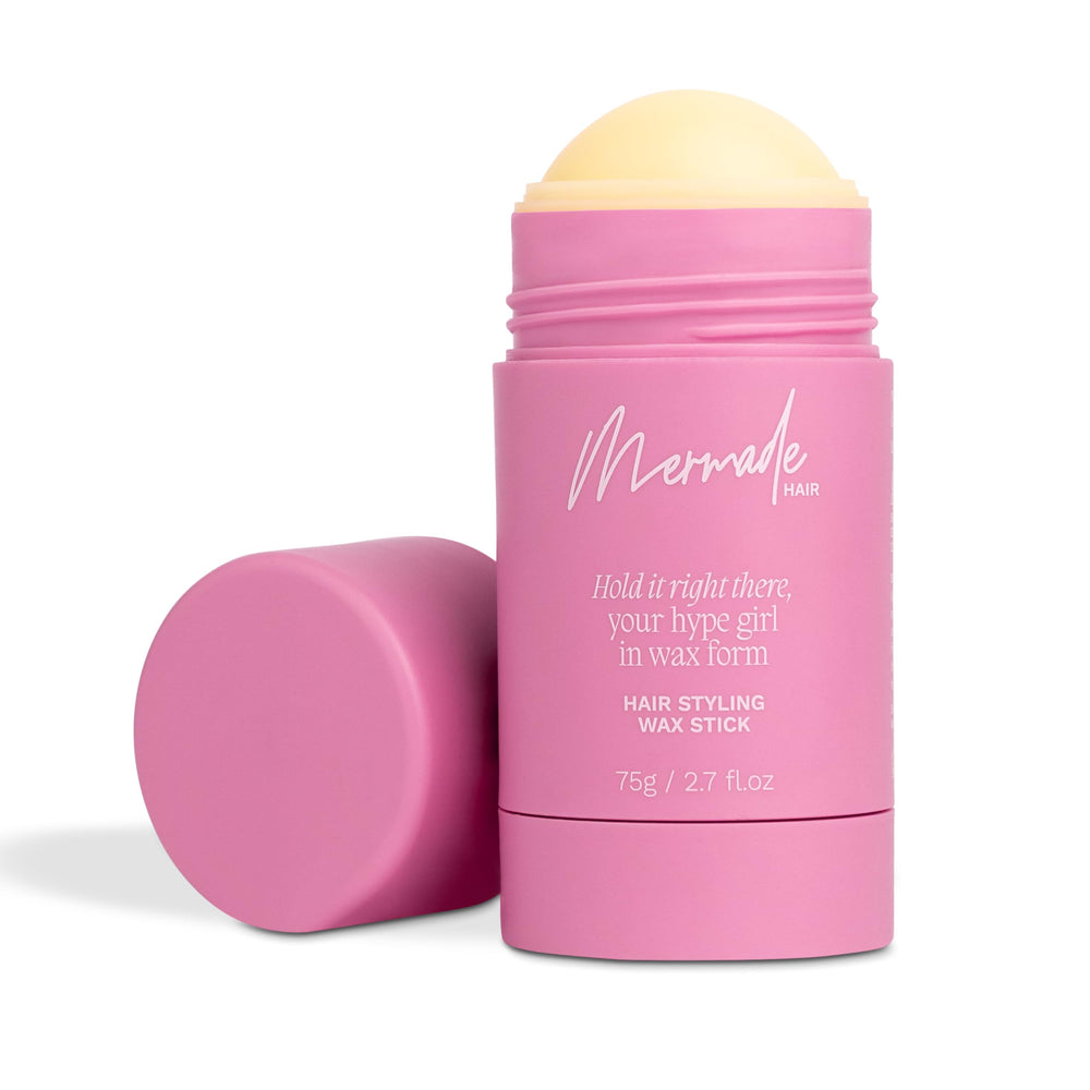 Mermade Hair Styling Wax Stick pink pack close-up for flyaway control and lasting hold.