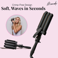 Mermade Hair Waver in-use on long hair creates beachy waves with a glossy finish