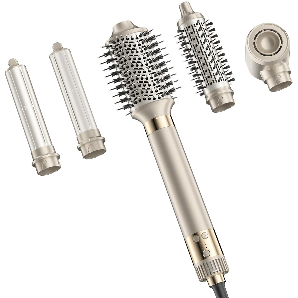 MESCOMB 5-in-1 hot air styler drying hair quickly with reduced frizz.