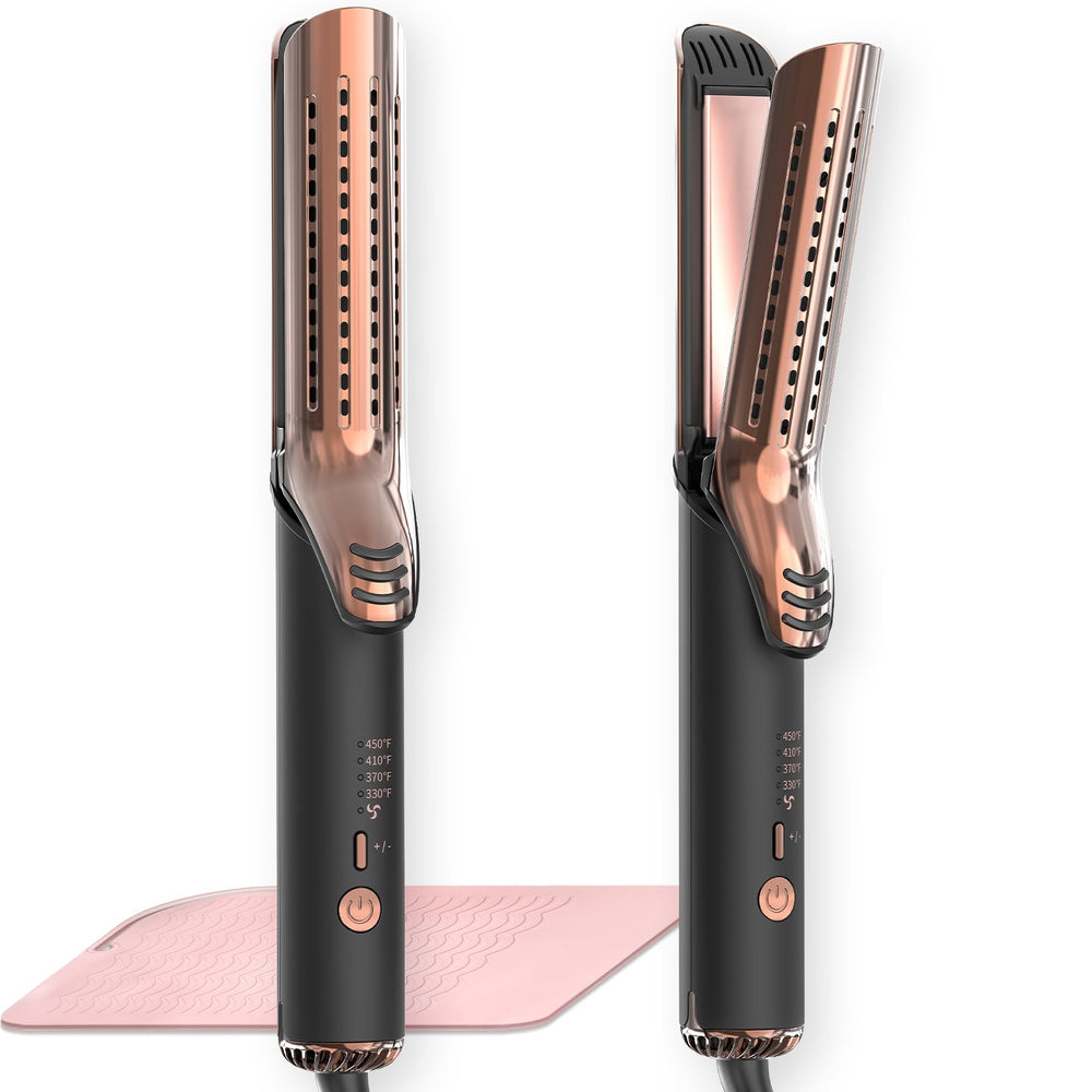 MESCOMB dual-voltage curling iron front view highlights travel-friendly design for global styling.