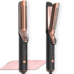 MESCOMB dual-voltage curling iron front view highlights travel-friendly design for global styling.