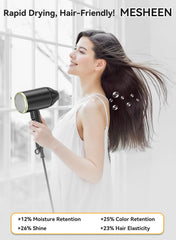 MESHEEN hair dryer ionic-technology demonstrates reduced frizz for smoother finishes