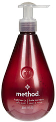 Method Hand Wash Hollyberry bottle demonstrates gentle cleansing with aloe and vitamin E for soft hands