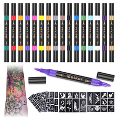 Metker tattoo markers dual-end tips for precise lines and bold fills during body art.