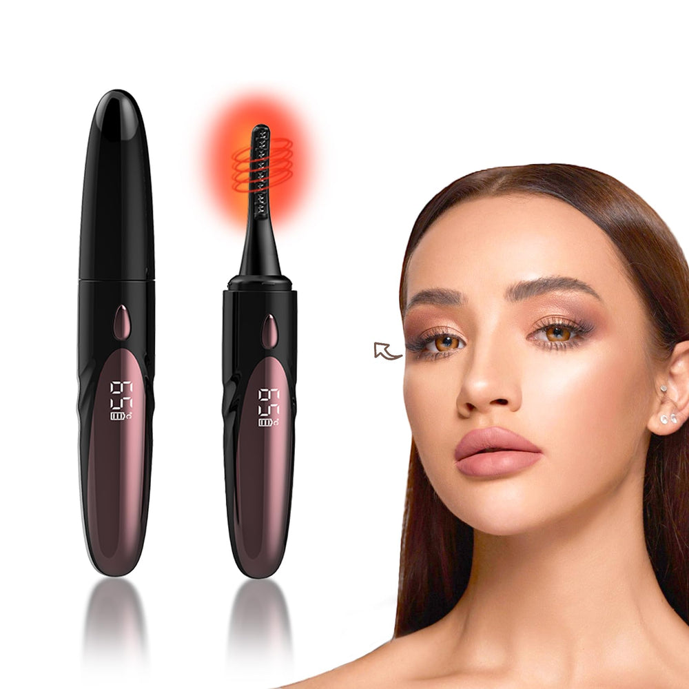 MGKO heated eyelash curler in hand showing quick heat for natural curl