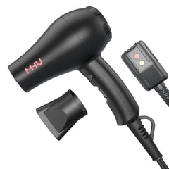 MHU mini blow dryer ceramic ionic 1000W with sleek black body for travel styling.