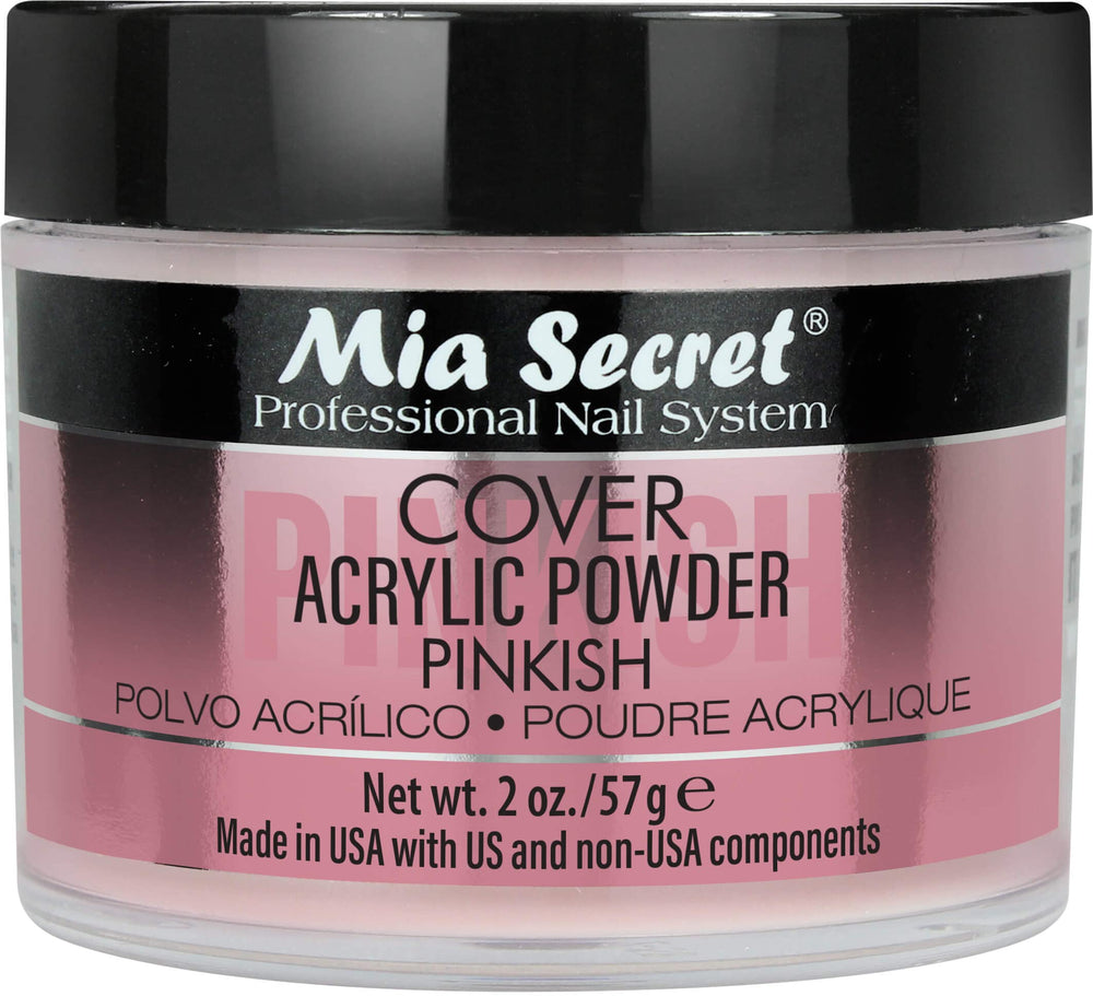 Mia Secret Cover Pinkish Acrylic Powder packaging signals US-made quality and dependable wear